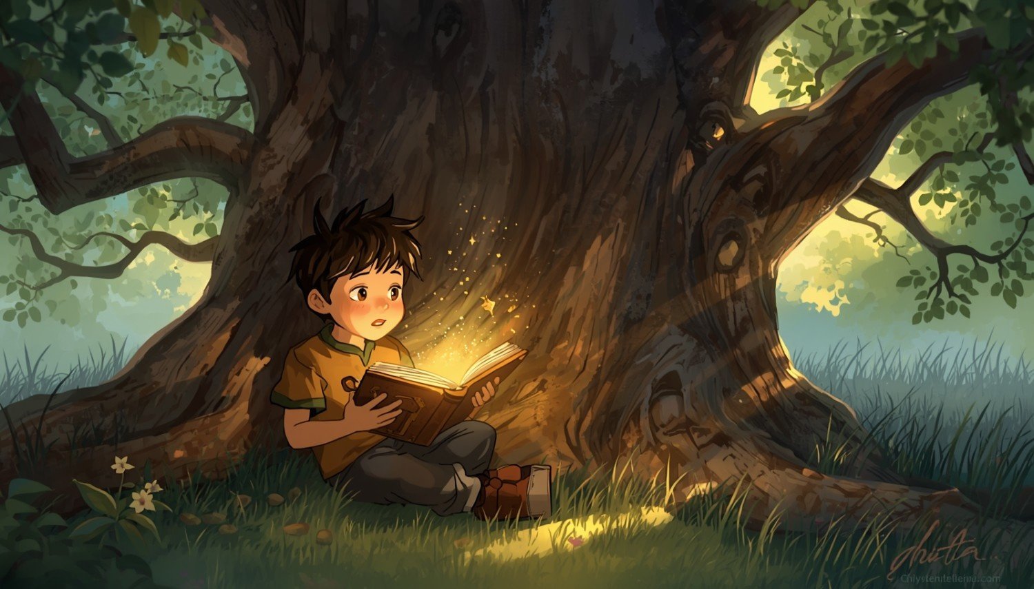 Leo-sat-beneath-the-giant-branches-and-opened-the-glowing-book.